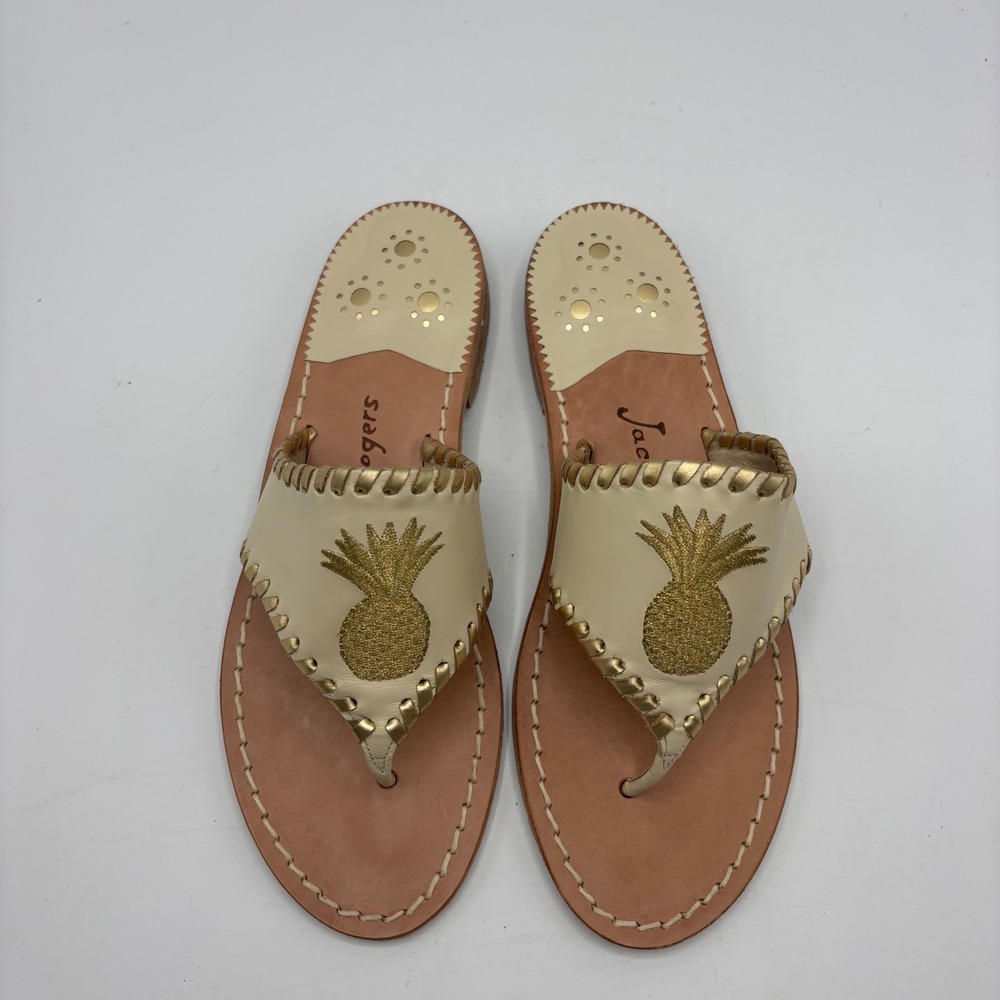 Jack Rogers Pineapple Thong Sandals in Bone and Gold Leather Size 7
